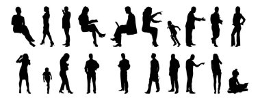 Vektör siluetleri, insanların ana hatları, Contour çizimleri, insanların siluetleri, ikon kümesi izole edilmiş, oturan insanların silueti, mimari set