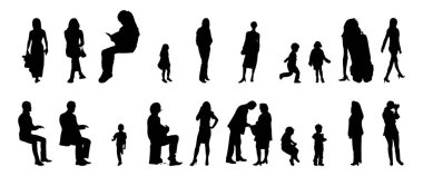 Vektör siluetleri, insanların ana hatları, Contour çizimleri, insanların siluetleri, ikon kümesi izole edilmiş, oturan insanların silueti, mimari set