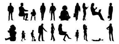 Vektör siluetleri, insanların ana hatları, Contour çizimleri, insanların siluetleri, ikon kümesi izole edilmiş, oturan insanların silueti, mimari set