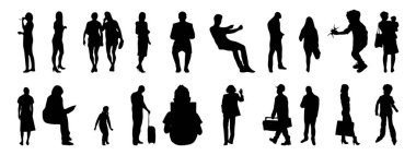 Vektör siluetleri, insanların ana hatları, Contour çizimleri, insanların siluetleri, ikon kümesi izole edilmiş, oturan insanların silueti, mimari set