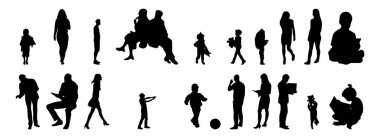 Vektör siluetleri, insanların ana hatları, Contour çizimleri, insanların siluetleri, ikon kümesi izole edilmiş, oturan insanların silueti, mimari set