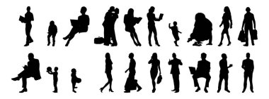 Vektör siluetleri, insanların ana hatları, Contour çizimleri, insanların siluetleri, ikon kümesi izole edilmiş, oturan insanların silueti, mimari set