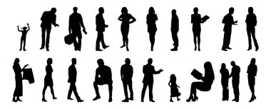 Vektör siluetleri, insanların ana hatları, Contour çizimleri, insanların siluetleri, ikon kümesi izole edilmiş, oturan insanların silueti, mimari set