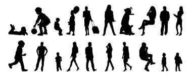 Vektör siluetleri, insanların ana hatları, Contour çizimleri, insanların siluetleri, ikon kümesi izole edilmiş, oturan insanların silueti, mimari set