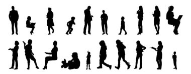 Vektör siluetleri, insanların ana hatları, Contour çizimleri, insanların siluetleri, ikon kümesi izole edilmiş, oturan insanların silueti, mimari set