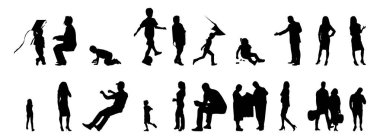 Vektör siluetleri, insanların ana hatları, Contour çizimleri, insanların siluetleri, ikon kümesi izole edilmiş, oturan insanların silueti, mimari set