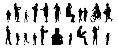 Vektör siluetleri, insanların ana hatları, Contour çizimleri, insanların siluetleri, ikon kümesi izole edilmiş, oturan insanların silueti, mimari set