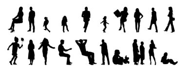 Vektör siluetleri, insanların ana hatları, Contour çizimleri, insanların siluetleri, ikon kümesi izole edilmiş, oturan insanların silueti, mimari set