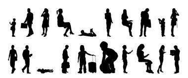 Vektör siluetleri, insanların ana hatları, Contour çizimleri, insanların siluetleri, ikon kümesi izole edilmiş, oturan insanların silueti, mimari set