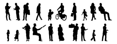 Vektör siluetleri, insanların ana hatları, Contour çizimleri, insanların siluetleri, ikon kümesi izole edilmiş, oturan insanların silueti, mimari set