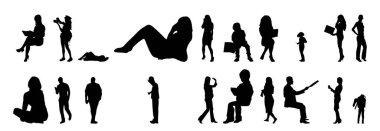 Vektör siluetleri, insanların ana hatları, Contour çizimleri, insanların siluetleri, ikon kümesi izole edilmiş, oturan insanların silueti, mimari set