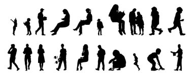 Vektör siluetleri, insanların ana hatları, Contour çizimleri, insanların siluetleri, ikon kümesi izole edilmiş, oturan insanların silueti, mimari set