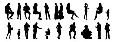 Vektör siluetleri, insanların ana hatları, Contour çizimleri, insanların siluetleri, ikon kümesi izole edilmiş, oturan insanların silueti, mimari set