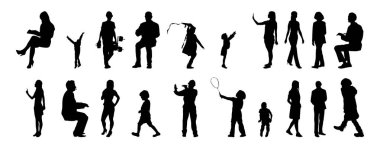 Vektör siluetleri, insanların ana hatları, Contour çizimleri, insanların siluetleri, ikon kümesi izole edilmiş, oturan insanların silueti, mimari set