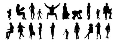 Vektör siluetleri, insanların ana hatları, Contour çizimleri, insanların siluetleri, ikon kümesi izole edilmiş, oturan insanların silueti, mimari set