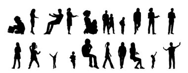 Vektör siluetleri, insanların ana hatları, Contour çizimleri, insanların siluetleri, ikon kümesi izole edilmiş, oturan insanların silueti, mimari set