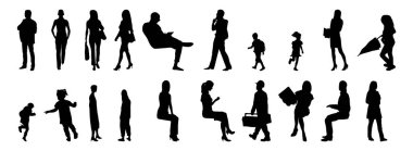 Vektör siluetleri, insanların ana hatları, Contour çizimleri, insanların siluetleri, ikon kümesi izole edilmiş, oturan insanların silueti, mimari set