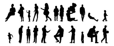 Vektör siluetleri, insanların ana hatları, Contour çizimleri, insanların siluetleri, ikon kümesi izole edilmiş, oturan insanların silueti, mimari set