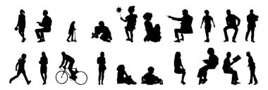 Vektör siluetleri, insanların ana hatları, Contour çizimleri, insanların siluetleri, ikon kümesi izole edilmiş, oturan insanların silueti, mimari set