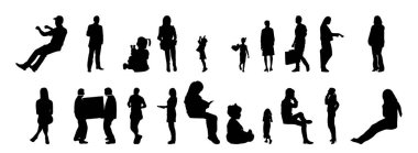 Vektör siluetleri, insanların ana hatları, Contour çizimleri, insanların siluetleri, ikon kümesi izole edilmiş, oturan insanların silueti, mimari set