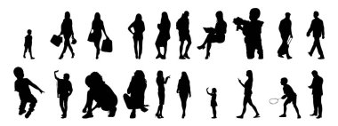 Vektör siluetleri, insanların ana hatları, Contour çizimleri, insanların siluetleri, ikon kümesi izole edilmiş, oturan insanların silueti, mimari set
