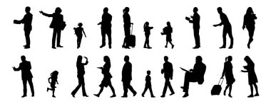 Vektör siluetleri, insanların ana hatları, Contour çizimleri, insanların siluetleri, ikon kümesi izole edilmiş, oturan insanların silueti, mimari set