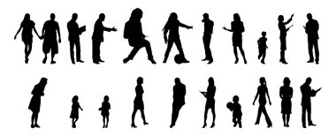 Vektör siluetleri, insanların ana hatları, Contour çizimleri, insanların siluetleri, ikon kümesi izole edilmiş, oturan insanların silueti, mimari set