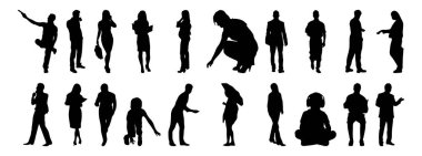 Vektör siluetleri, insanların ana hatları, Contour çizimleri, insanların siluetleri, ikon kümesi izole edilmiş, oturan insanların silueti, mimari set