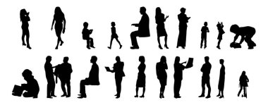 Vektör siluetleri, insanların ana hatları, Contour çizimleri, insanların siluetleri, ikon kümesi izole edilmiş, oturan insanların silueti, mimari set