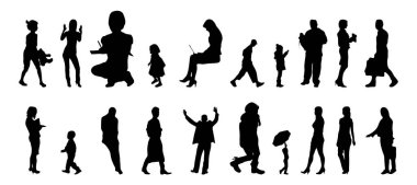 Vektör siluetleri, insanların ana hatları, Contour çizimleri, insanların siluetleri, ikon kümesi izole edilmiş, oturan insanların silueti, mimari set