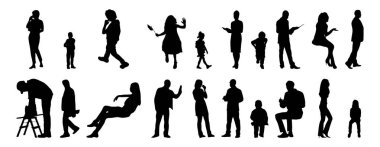 Vektör siluetleri, insanların ana hatları, Contour çizimleri, insanların siluetleri, ikon kümesi izole edilmiş, oturan insanların silueti, mimari set