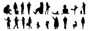 Vektör siluetleri, insanların ana hatları, Contour çizimleri, insanların siluetleri, ikon kümesi izole edilmiş, oturan insanların silueti, mimari set