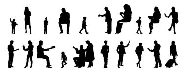 Vektör siluetleri, insanların ana hatları, Contour çizimleri, insanların siluetleri, ikon kümesi izole edilmiş, oturan insanların silueti, mimari set