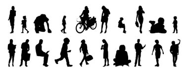 Vektör siluetleri, insanların ana hatları, Contour çizimleri, insanların siluetleri, ikon kümesi izole edilmiş, oturan insanların silueti, mimari set
