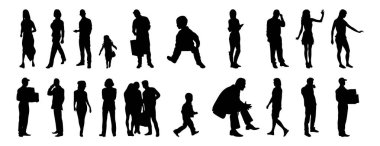 Vektör siluetleri, insanların ana hatları, Contour çizimleri, insanların siluetleri, ikon kümesi izole edilmiş, oturan insanların silueti, mimari set