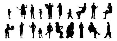 Vektör siluetleri, insanların ana hatları, Contour çizimleri, insanların siluetleri, ikon kümesi izole edilmiş, oturan insanların silueti, mimari set