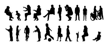 Vektör siluetleri, insanların ana hatları, Contour çizimleri, insanların siluetleri, ikon kümesi izole edilmiş, oturan insanların silueti, mimari set