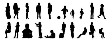 Vektör siluetleri, insanların ana hatları, Contour çizimleri, insanların siluetleri, ikon kümesi izole edilmiş, oturan insanların silueti, mimari set