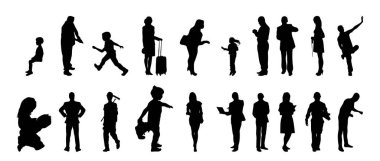 Vektör siluetleri, insanların ana hatları, Contour çizimleri, insanların siluetleri, ikon kümesi izole edilmiş, oturan insanların silueti, mimari set