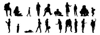 Vektör siluetleri, insanların ana hatları, Contour çizimleri, insanların siluetleri, ikon kümesi izole edilmiş, oturan insanların silueti, mimari set