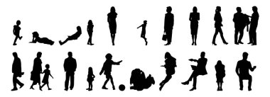 Vektör siluetleri, insanların ana hatları, Contour çizimleri, insanların siluetleri, ikon kümesi izole edilmiş, oturan insanların silueti, mimari set