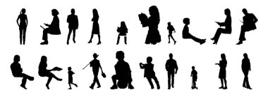 Vektör siluetleri, insanların ana hatları, Contour çizimleri, insanların siluetleri, ikon kümesi izole edilmiş, oturan insanların silueti, mimari set