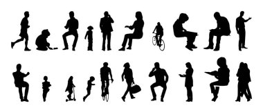 Vektör siluetleri, insanların ana hatları, Contour çizimleri, insanların siluetleri, ikon kümesi izole edilmiş, oturan insanların silueti, mimari set