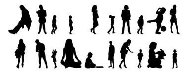 Vektör siluetleri, insanların ana hatları, Contour çizimleri, insanların siluetleri, ikon kümesi izole edilmiş, oturan insanların silueti, mimari set