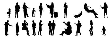 Vektör siluetleri, insanların ana hatları, Contour çizimleri, insanların siluetleri, ikon kümesi izole edilmiş, oturan insanların silueti, mimari set