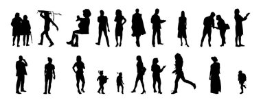 Vektör siluetleri, insanların ana hatları, Contour çizimleri, insanların siluetleri, ikon kümesi izole edilmiş, oturan insanların silueti, mimari set