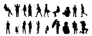 Vektör siluetleri, insanların ana hatları, Contour çizimleri, insanların siluetleri, ikon kümesi izole edilmiş, oturan insanların silueti, mimari set