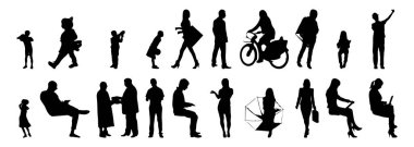 Vektör siluetleri, insanların ana hatları, Contour çizimleri, insanların siluetleri, ikon kümesi izole edilmiş, oturan insanların silueti, mimari set