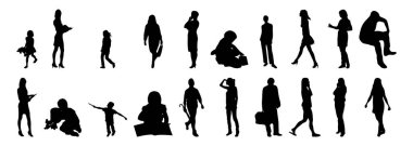 Vektör siluetleri, insanların ana hatları, Contour çizimleri, insanların siluetleri, ikon kümesi izole edilmiş, oturan insanların silueti, mimari set