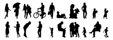 Vektör siluetleri, insanların ana hatları, Contour çizimleri, insanların siluetleri, ikon kümesi izole edilmiş, oturan insanların silueti, mimari set